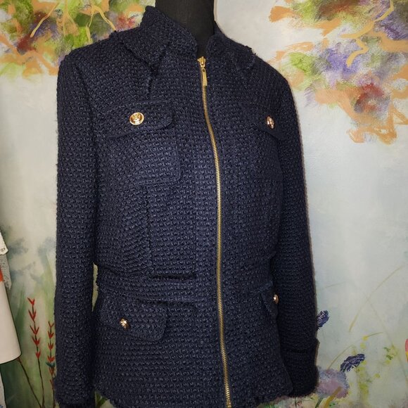Navy Blue Textured Knit Jacket With Gold Buttons & Zipper Closure - Picture 2 of 10